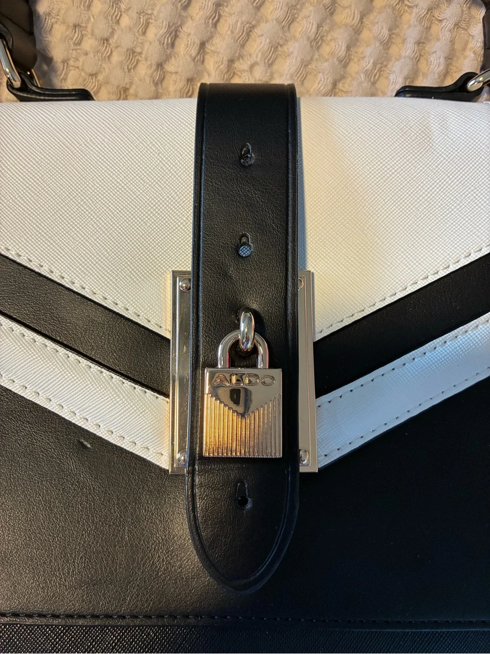Aldo Black and White Top-Handle Satchel with Gold Lock